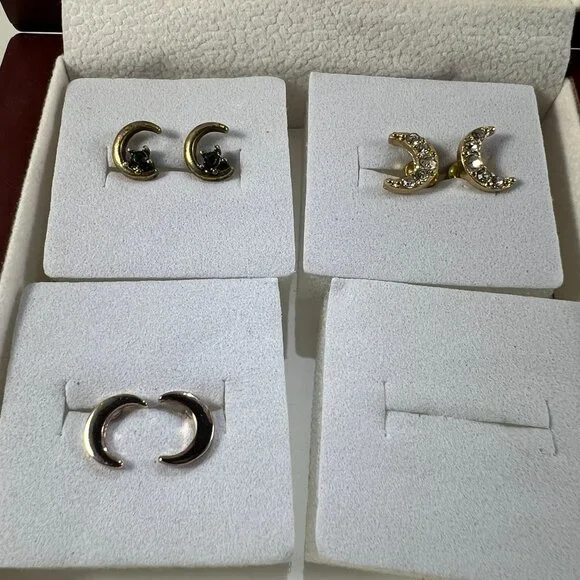 Set Of 3 Moon Crescent Earrings Gold & Silver Tone With Rhinestones & Gem Accent - Picture 1 of 4